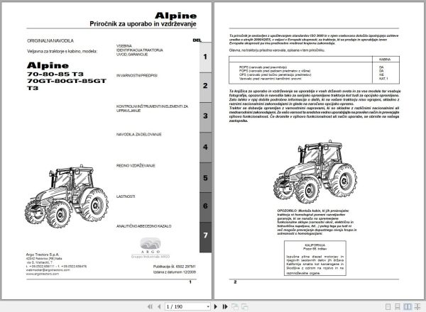 Landini Tractor Alpine 70 to 85GT T3 Operators Maintenance Manual 6502297M1 SL 1
