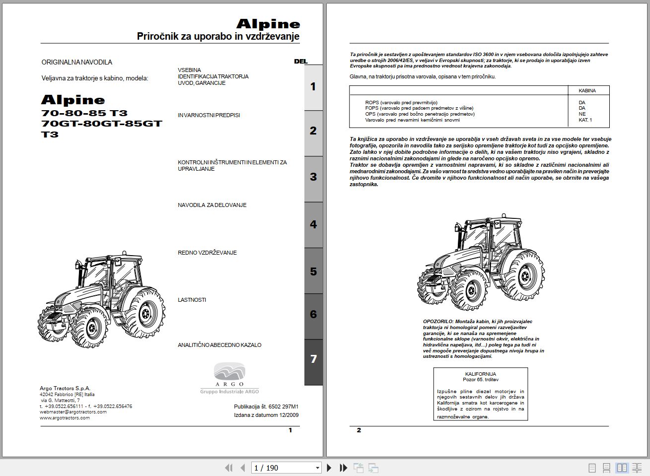 Landini Tractor Alpine 70 to 85GT T3 Operators Maintenance Manual 6502297M1 SL 1