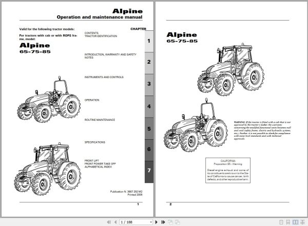 Landini Tractor Apline 65 75 85 Operators Maintenance Manual 3667252M2 EN 1