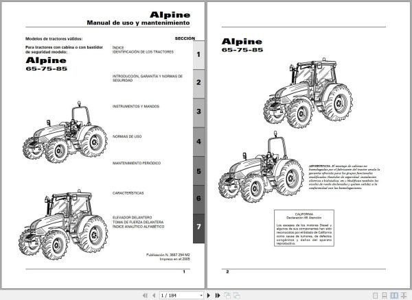 Landini Tractor Apline 65 75 85 Operators Maintenance Manual 3667254M2 ES 1