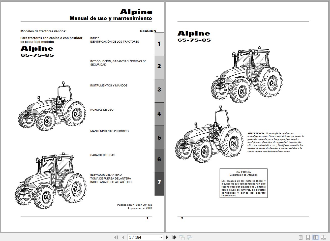 Landini Tractor Apline 65 75 85 Operators Maintenance Manual 3667254M2 ES 1