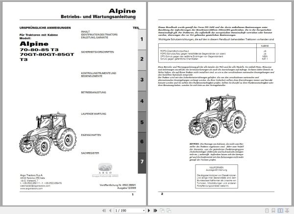 Landini Tractor Apline 70 T3 to 85GT T3 Operators Maintenance Manual 6502289M1 DE 1
