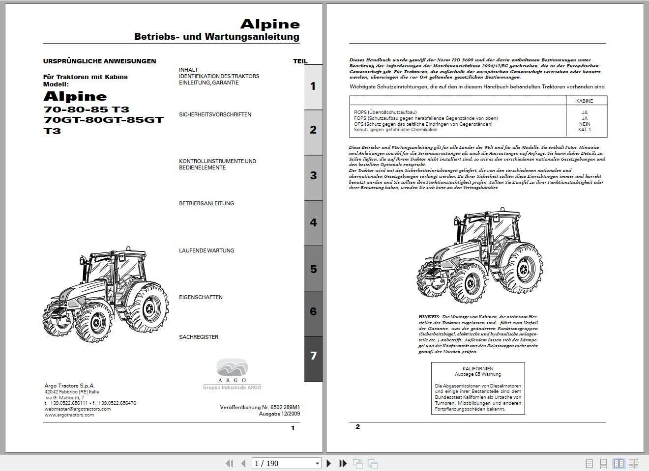 Landini Tractor Apline 70 T3 to 85GT T3 Operators Maintenance Manual 6502289M1 DE 1