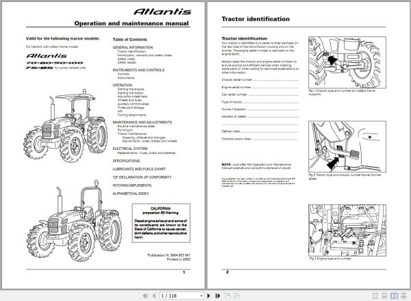 Landini Tractor Atlantis 70 100 Operators Maintenance Manual 3664837M1 EN 1