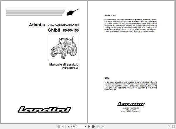 Landini Tractor Atlantis 70 to Ghibli 100 Service Manual 3661513M2 IT 1