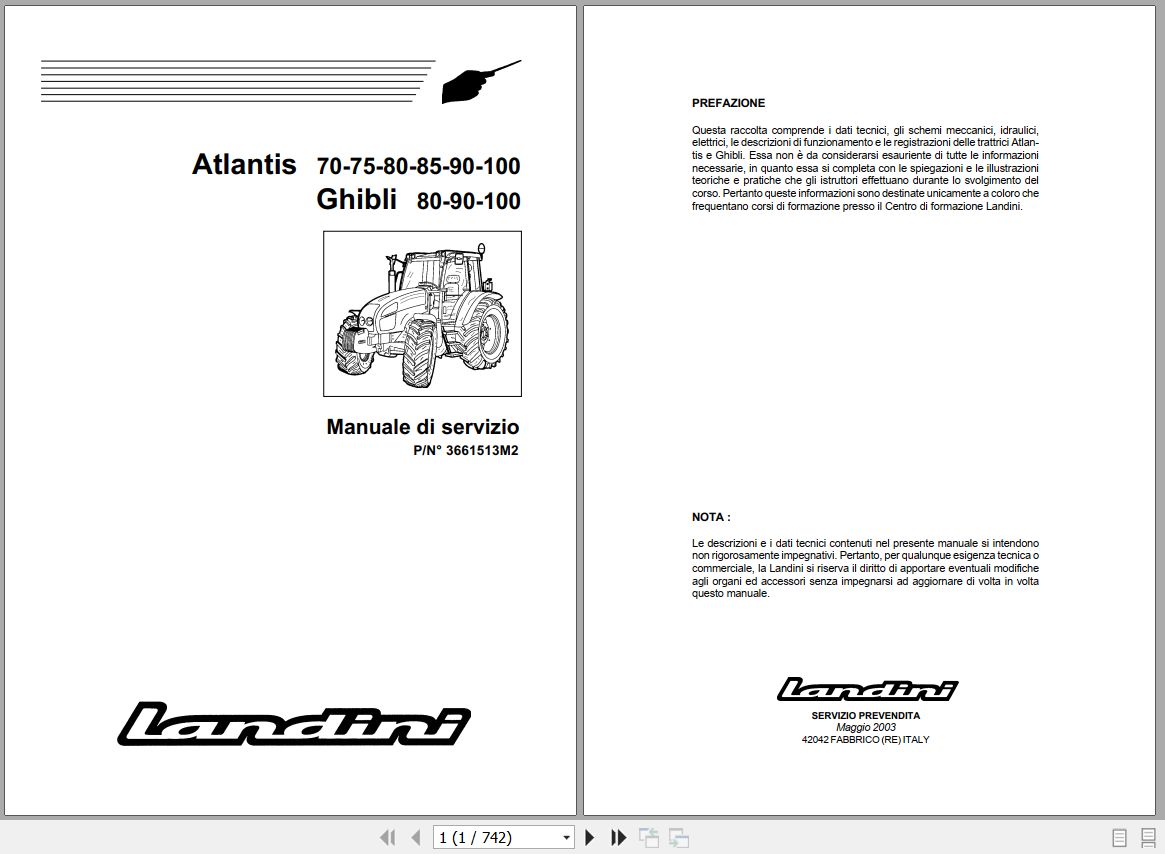 Landini Tractor Atlantis 70 to Ghibli 100 Service Manual 3661513M2 IT 1