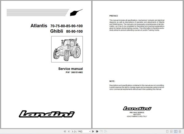 Landini Tractor Atlantis 70 to Ghibli 100 Service Manual 3661514M2 EN 1