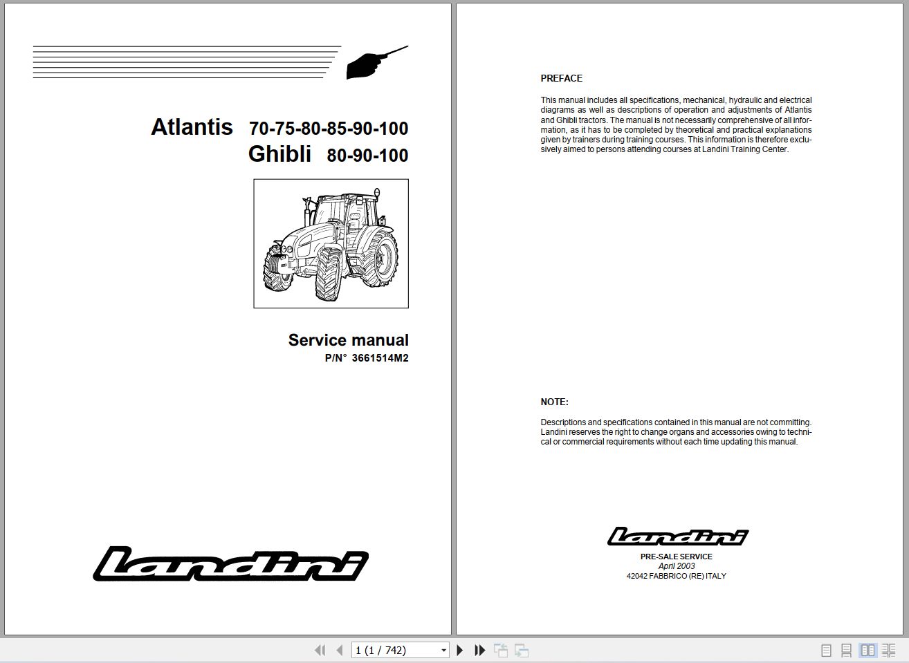 Landini Tractor Atlantis 70 to Ghibli 100 Service Manual 3661514M2 EN 1