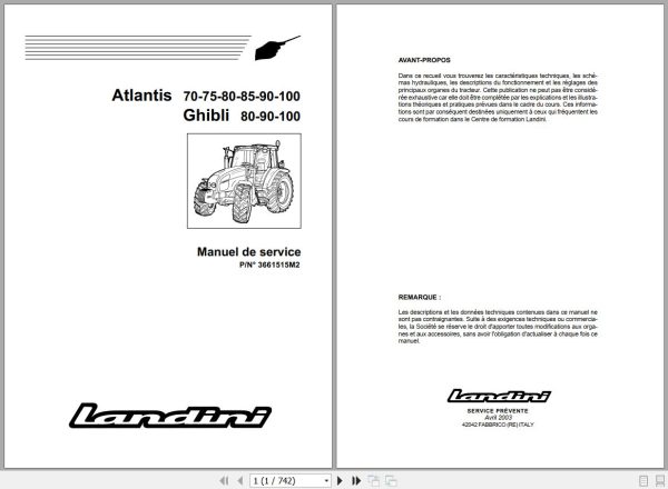 Landini Tractor Atlantis 70 to Ghibli 100 Service Manual 3661515M2 FR 1