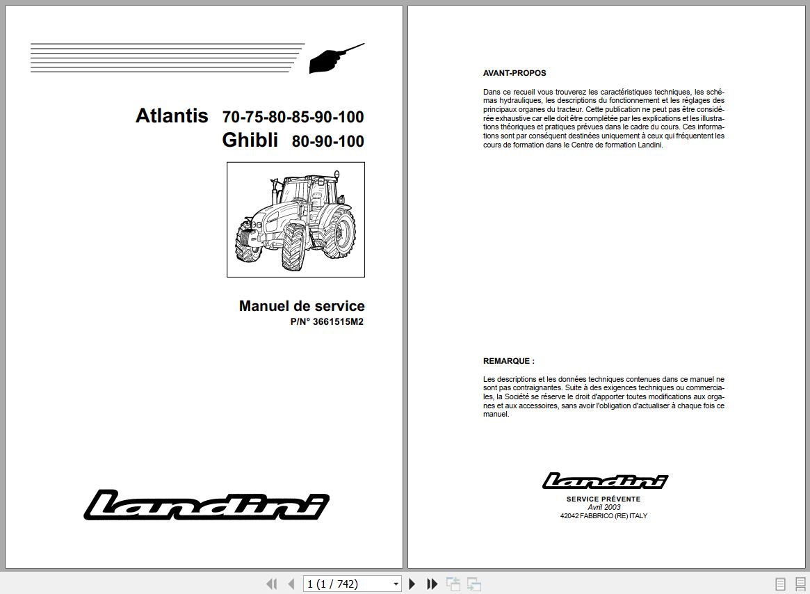 Landini Tractor Atlantis 70 to Ghibli 100 Service Manual 3661515M2 FR 1