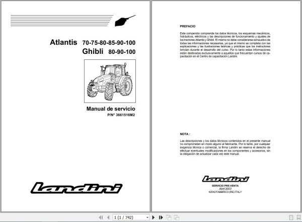 Landini Tractor Atlantis 70 to Ghibli 100 Service Manual 3661516M2 ES 1