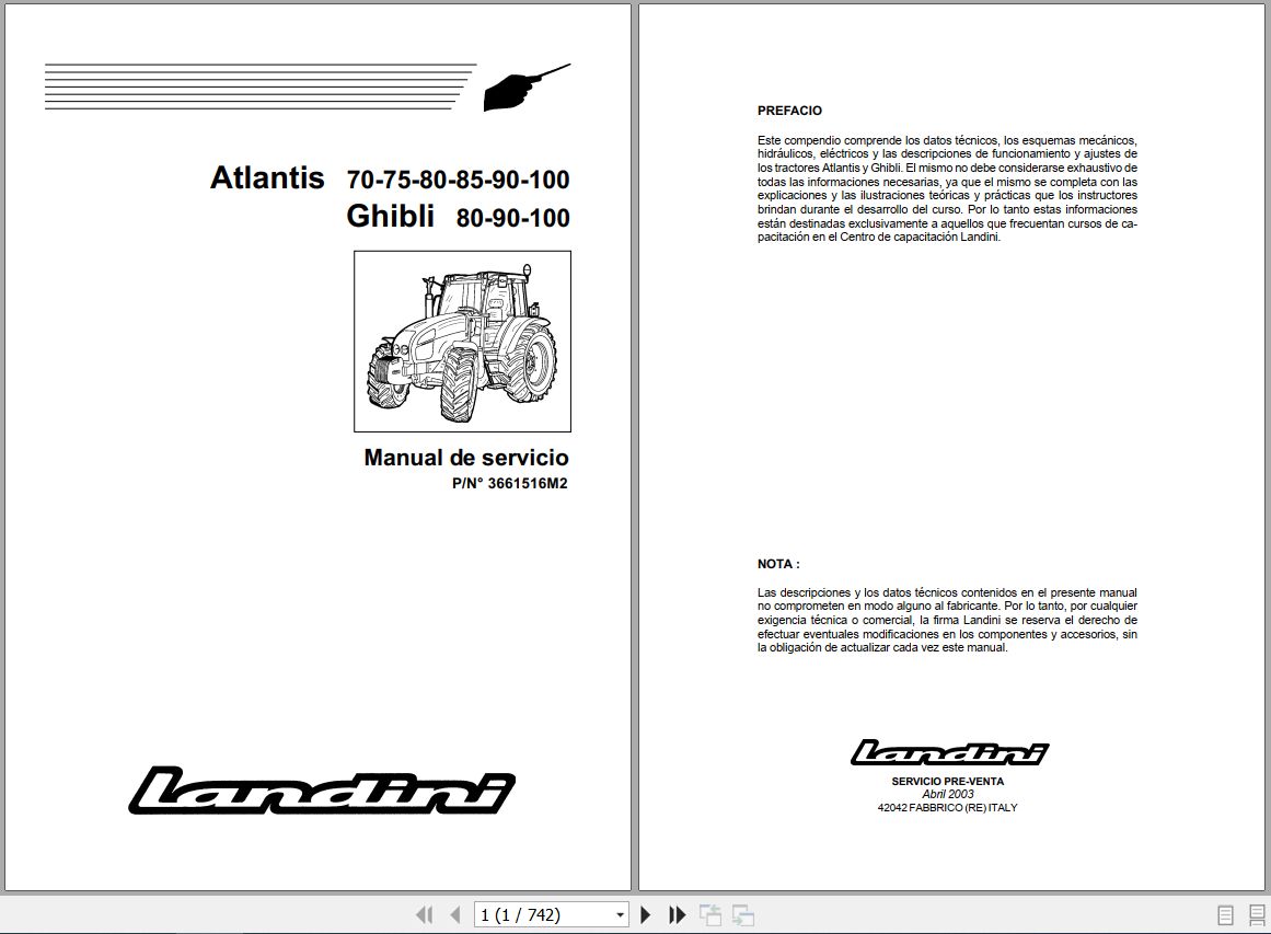 Landini Tractor Atlantis 70 to Ghibli 100 Service Manual 3661516M2 ES 1