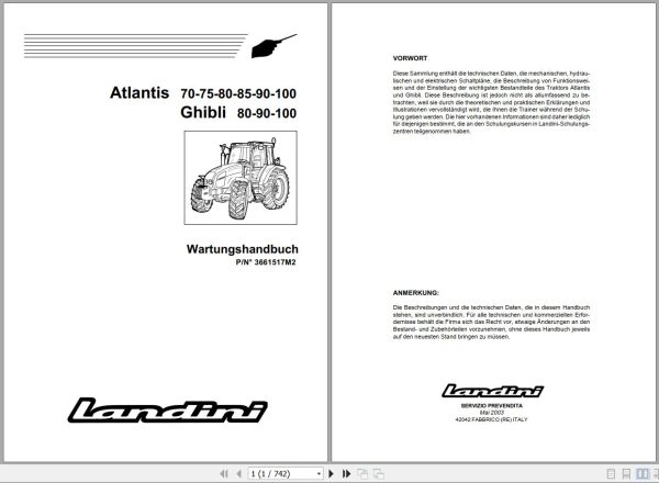 Landini Tractor Atlantis 70 to Ghibli 100 Service Manual 3661517M2 DE 1
