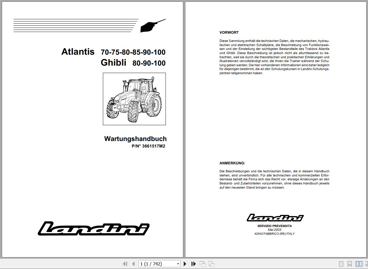Landini Tractor Atlantis 70 to Ghibli 100 Service Manual 3661517M2 DE 1