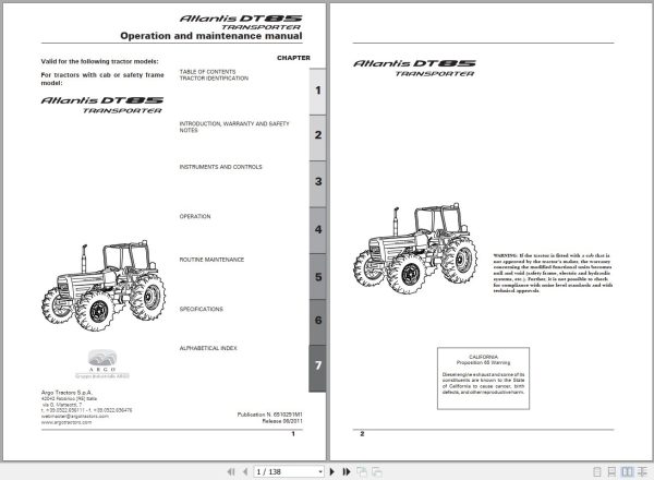 Landini Tractor Atlantis DT85 Operators Maintenance Manual 6510251M1 EN 1