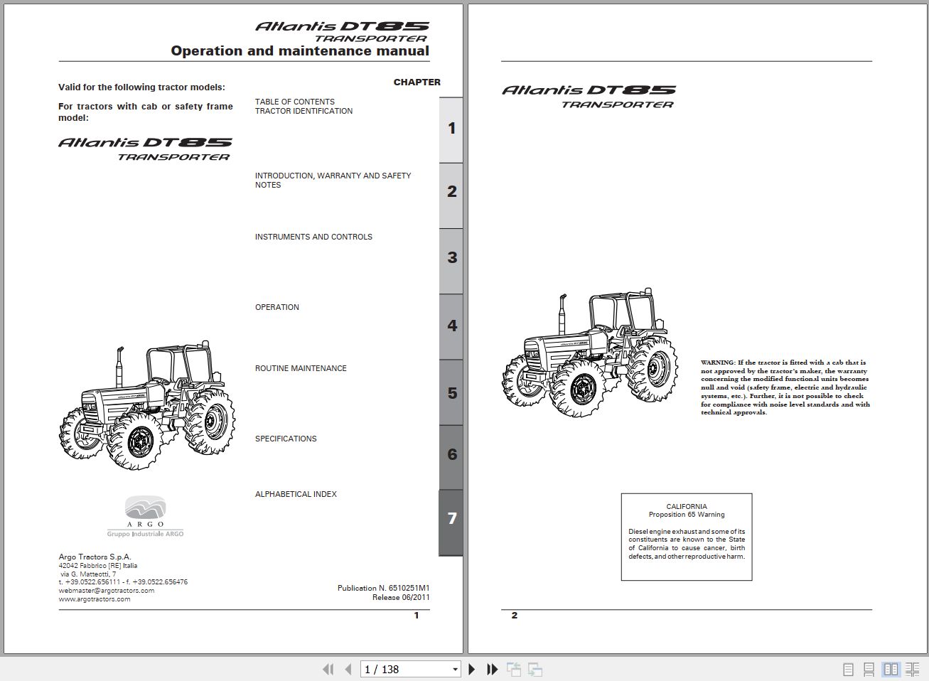 Landini Tractor Atlantis DT85 Operators Maintenance Manual 6510251M1 EN 1