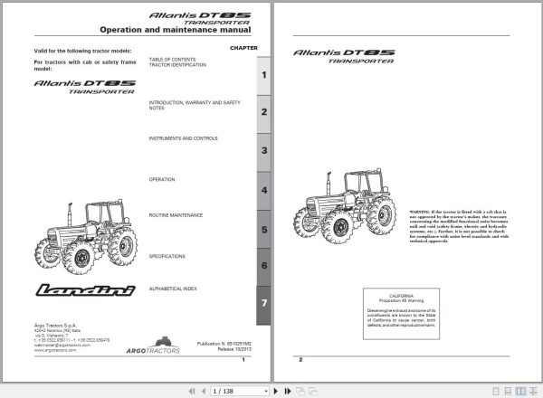 Landini Tractor Atlantis DT85 Operators Maintenance Manual 6520962M2 EN 1