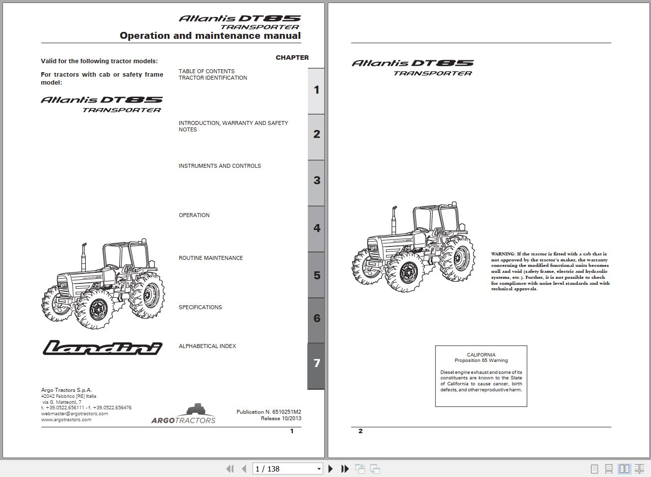 Landini Tractor Atlantis DT85 Operators Maintenance Manual 6520962M2 EN 1