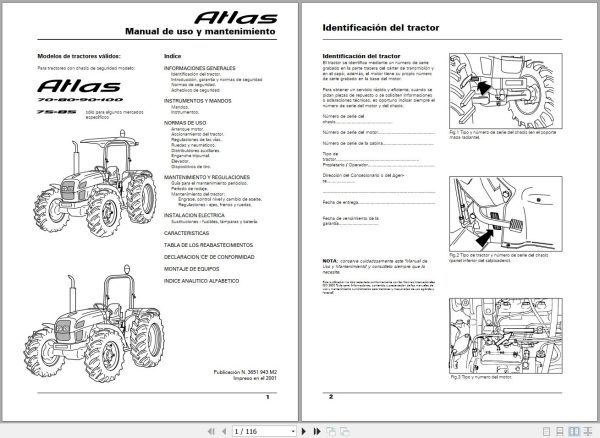 Landini Tractor Atlas 70 100 Operators Maintenance Manual 3651943M2 ES 1