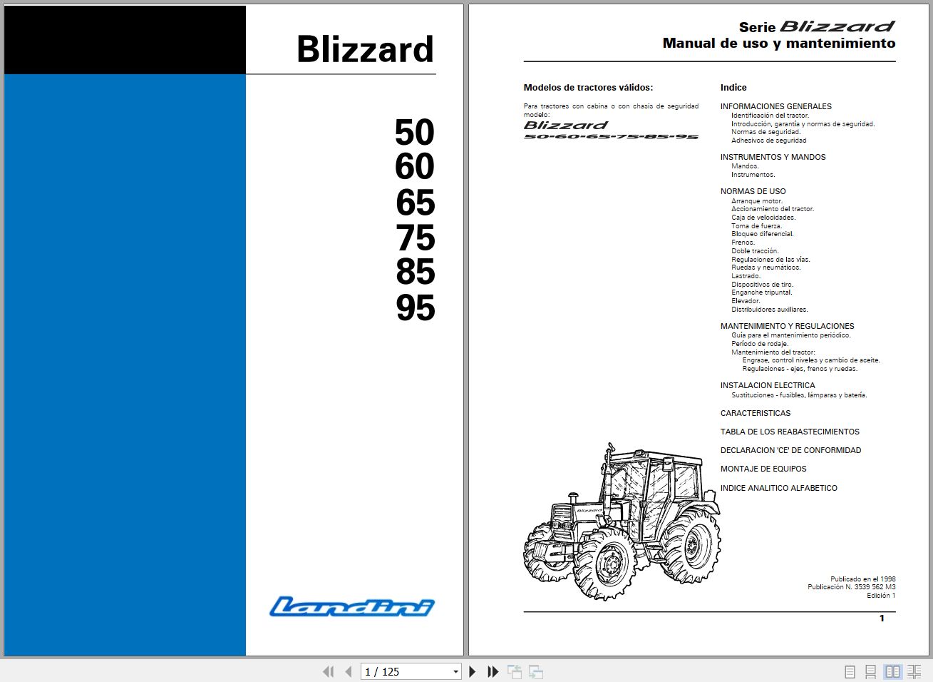 Landini Tractor Blizzard 50 95 Operators Maintenance Manual 3530562M3 ES 1