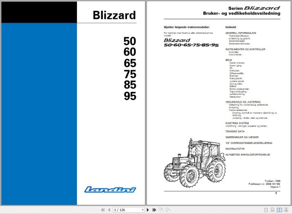 Landini Tractor Blizzard 50 95 Operators Maintenance Manual 3558101M2 NO 1