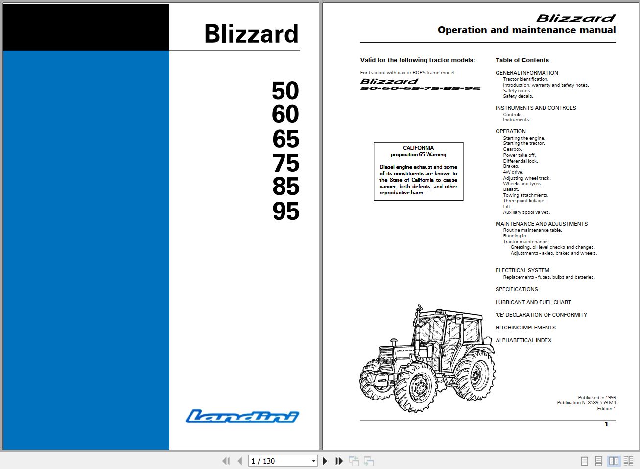 Landini Tractor Blizzard 50 to 95 Operators Maintenance Manual 3539559M4 EN 1