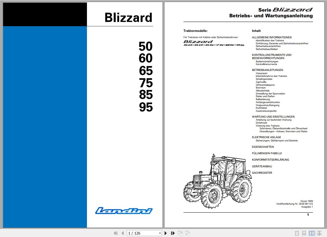 Landini Tractor Blizzard 50 to 95 Operators Maintenance Manual 3539561M3 DE 1