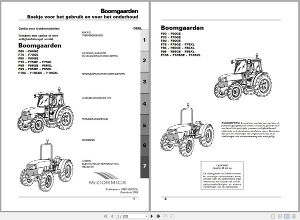 Landini Tractor Boomgaarden F60 to F105XL Operators Maintenance Manual OM 9 10623DU NL 1