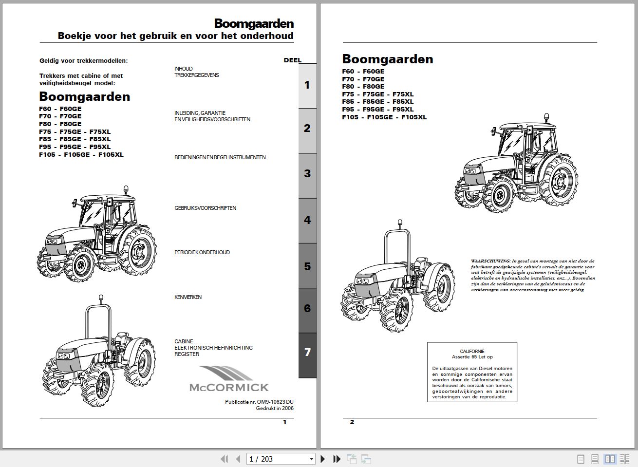 Landini Tractor Boomgaarden F60 to F105XL Operators Maintenance Manual OM 9 10623DU NL 1