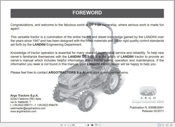 Landini Tractor DT 1 25 Operators Maintenance Manual 6508630M1 EN 1