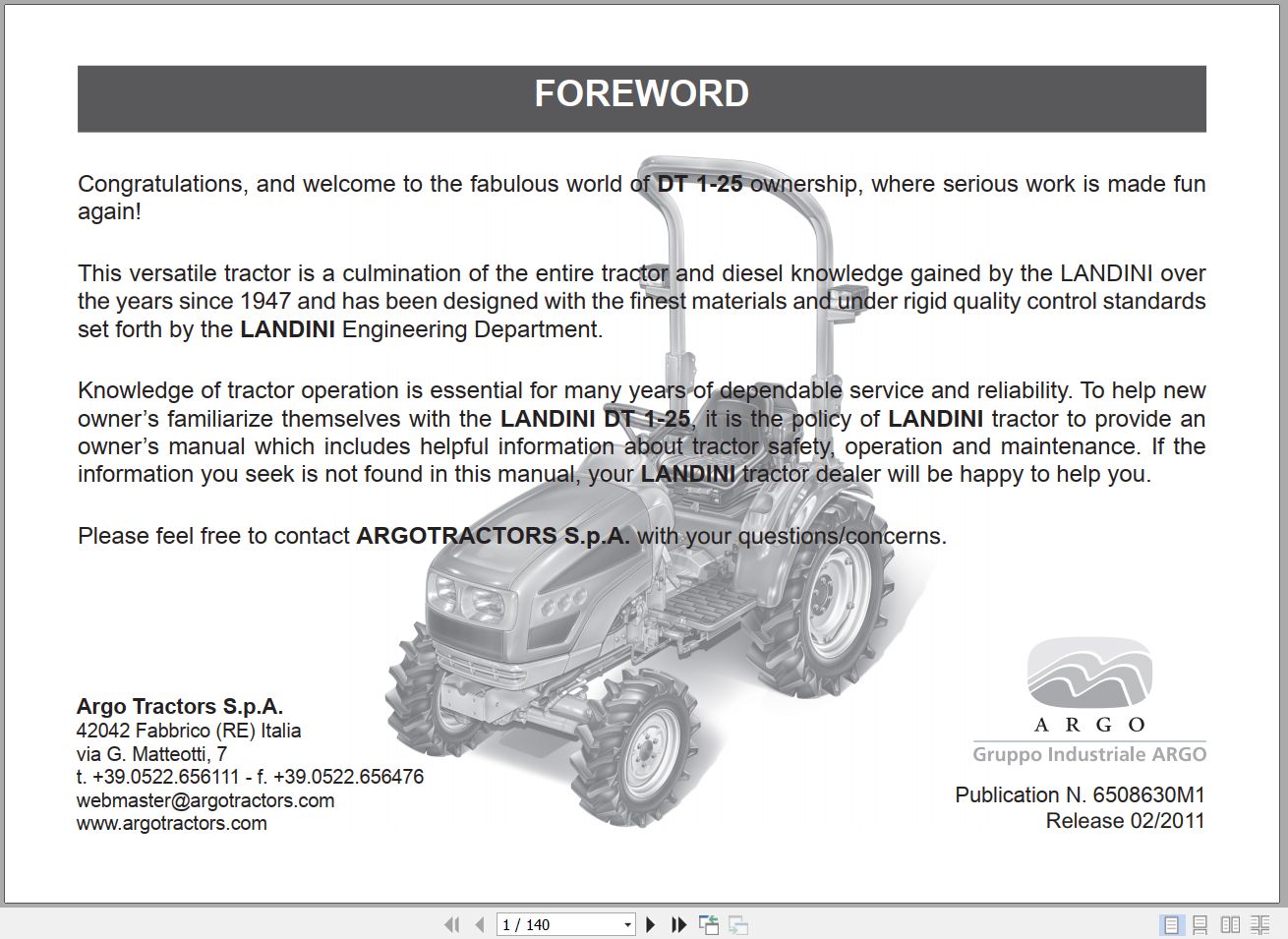 Landini Tractor DT 1 25 Operators Maintenance Manual 6508630M1 EN 1