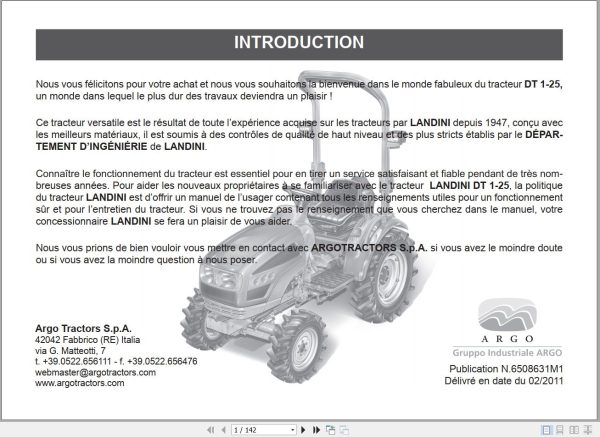 Landini Tractor DT 1 25 Operators Maintenance Manual 6508631M1 FR 1