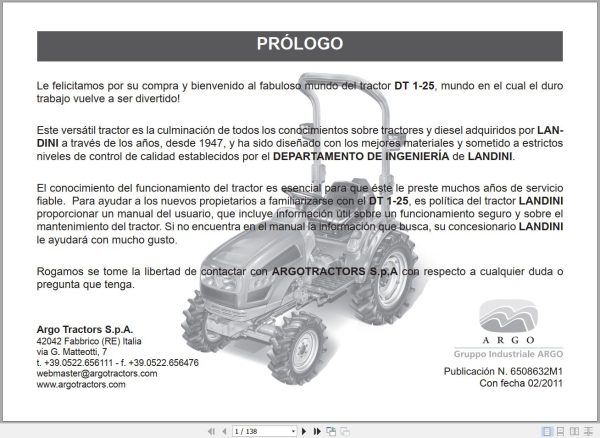 Landini Tractor DT 1 25 Operators Maintenance Manual 6508632M1 ES 1