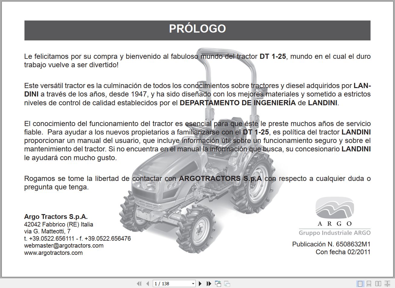 Landini Tractor DT 1 25 Operators Maintenance Manual 6508632M1 ES 1