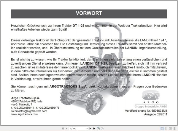 Landini Tractor DT 1 25 Operators Maintenance Manual 6508633M1 DE 1