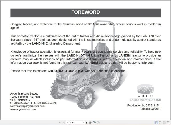 Landini Tractor DT 1 25 Operators Maintenance Manual 6509141M1 EN 1
