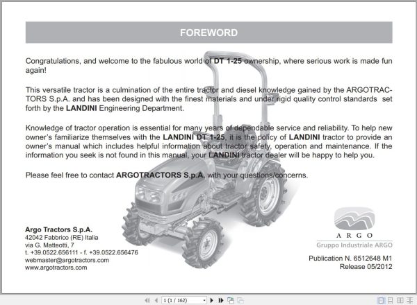 Landini Tractor DT 1 25 Operators Maintenance Manual 6512648M1 EN 1
