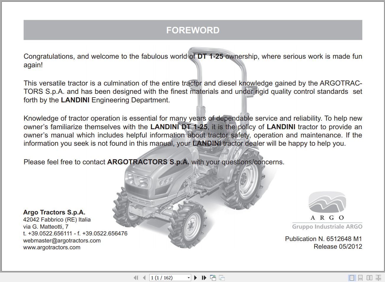 Landini Tractor DT 1 25 Operators Maintenance Manual 6512648M1 EN 1
