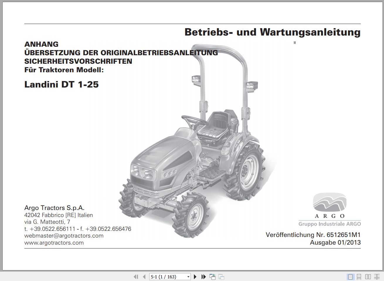 Landini Tractor DT 1 25 Operators Maintenance Manual 6512651M1 DE 1