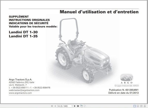 Landini Tractor DT 1 30 1 35 Operators Maintenance Manual 6512654M1 FR 1