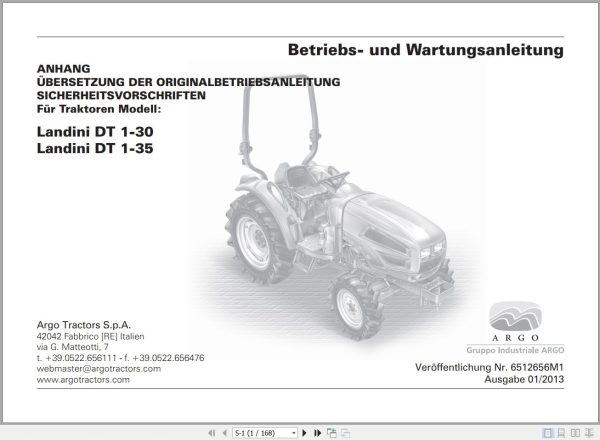 Landini Tractor DT 1 30 1 35 Operators Maintenance Manual 6512656M1 DE 1