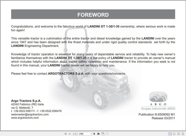 Landini Tractor DT 1 30 DT 1 35 Operators Maintenance Manual 6509092M1 EN 1
