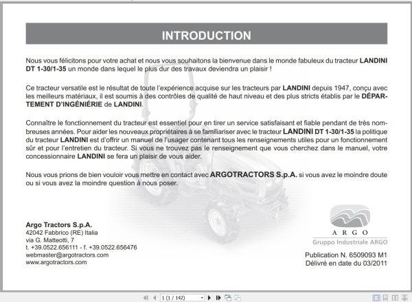 Landini Tractor DT 1 30 DT 1 35 Operators Maintenance Manual 6509093M1 FR 1