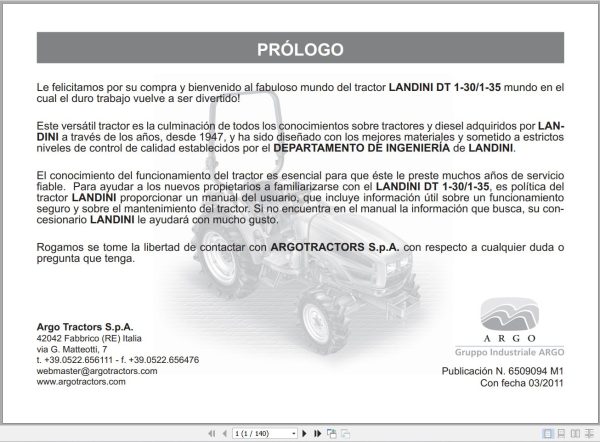 Landini Tractor DT 1 30 DT 1 35 Operators Maintenance Manual 6509094M1 ES 1