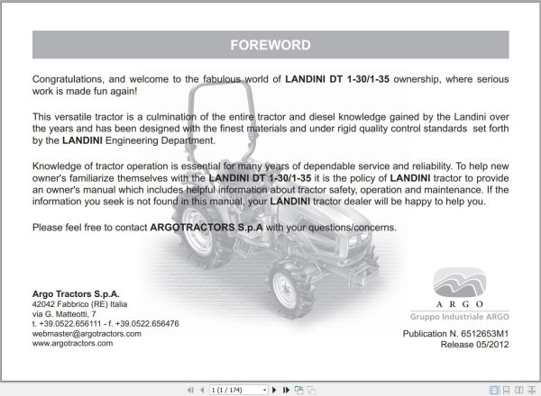 Landini Tractor DT 1 30 DT 1 35 Operators Maintenance Manual 6512653M1 EN 1