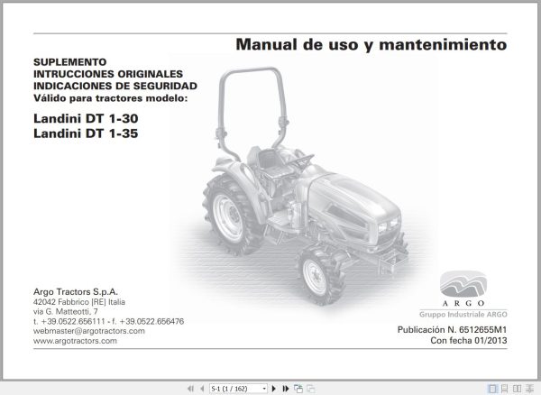 Landini Tractor DT 1 30 DT 1 35 Operators Maintenance Manual 6512655M1 ES 1
