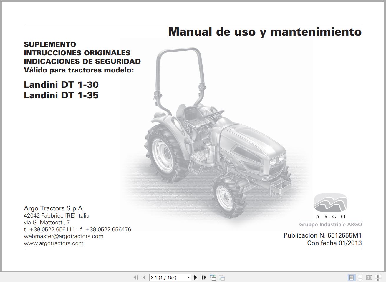 Landini Tractor DT 1 30 DT 1 35 Operators Maintenance Manual 6512655M1 ES 1