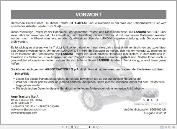 Landini Tractor DT 1 40 1 50 Operators Maintenance Manual 6509100M1 DE 1