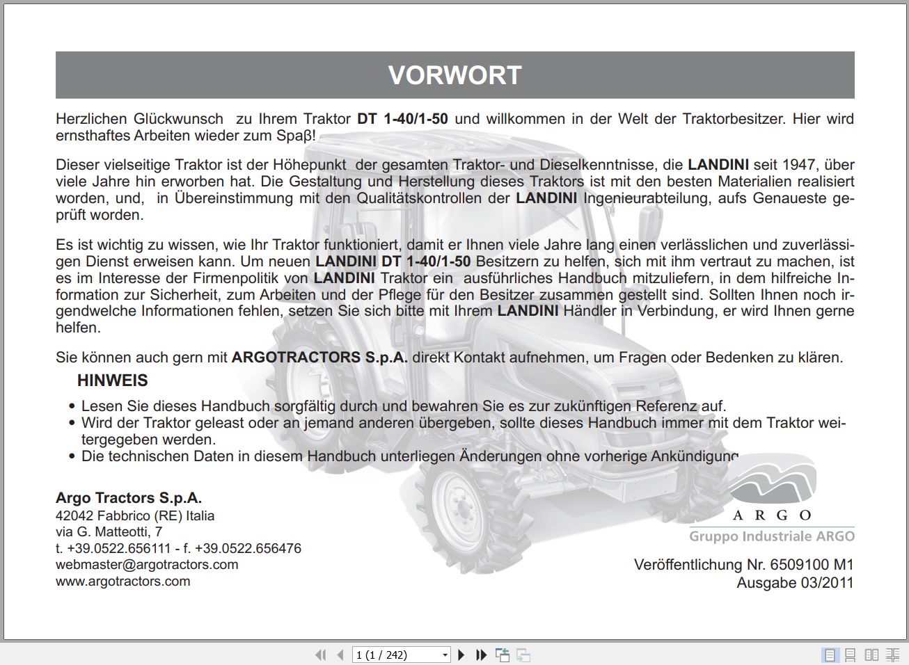 Landini Tractor DT 1 40 1 50 Operators Maintenance Manual 6509100M1 DE 1