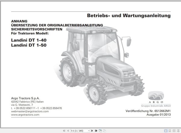 Landini Tractor DT 1 40 1 50 Operators Maintenance Manual 6512662M1 DE 1